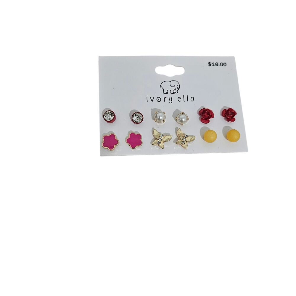 Ivory Ella 6 Pair Stud Earrings Set Flowers Butterfly Pearl Rhinestone NWT